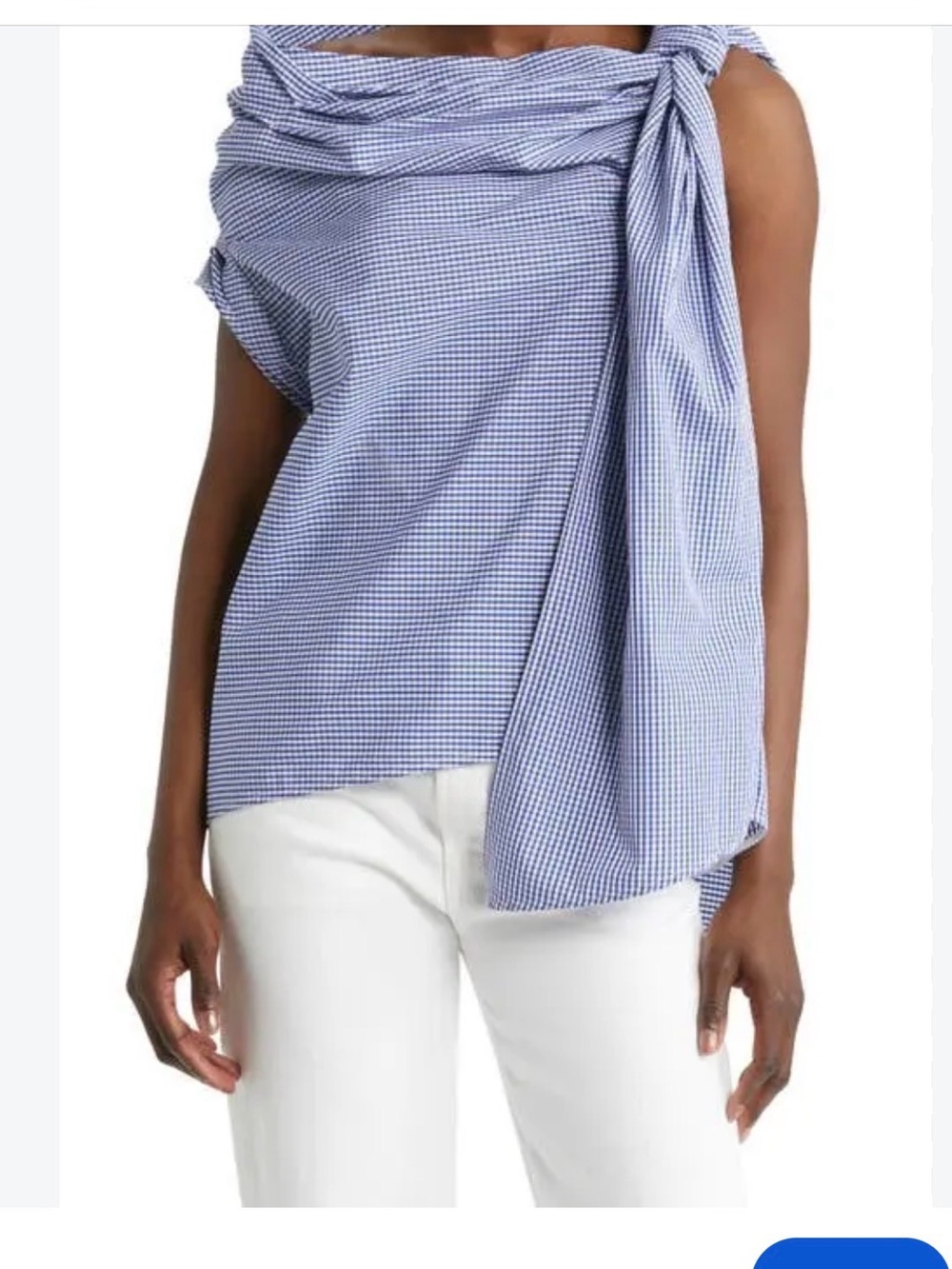 Blue Gingham One-Shoulder Tie Blouse